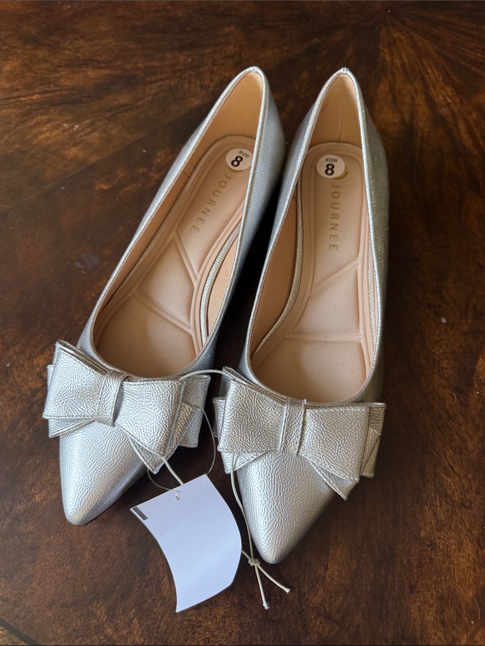Journee Collection Metallic Silver Pointed Toe Bow Flats